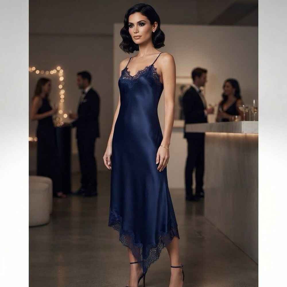 NWT Camila Coelho Navy Satin Lace Trim Slip Dress size L Asymmetric Party Event